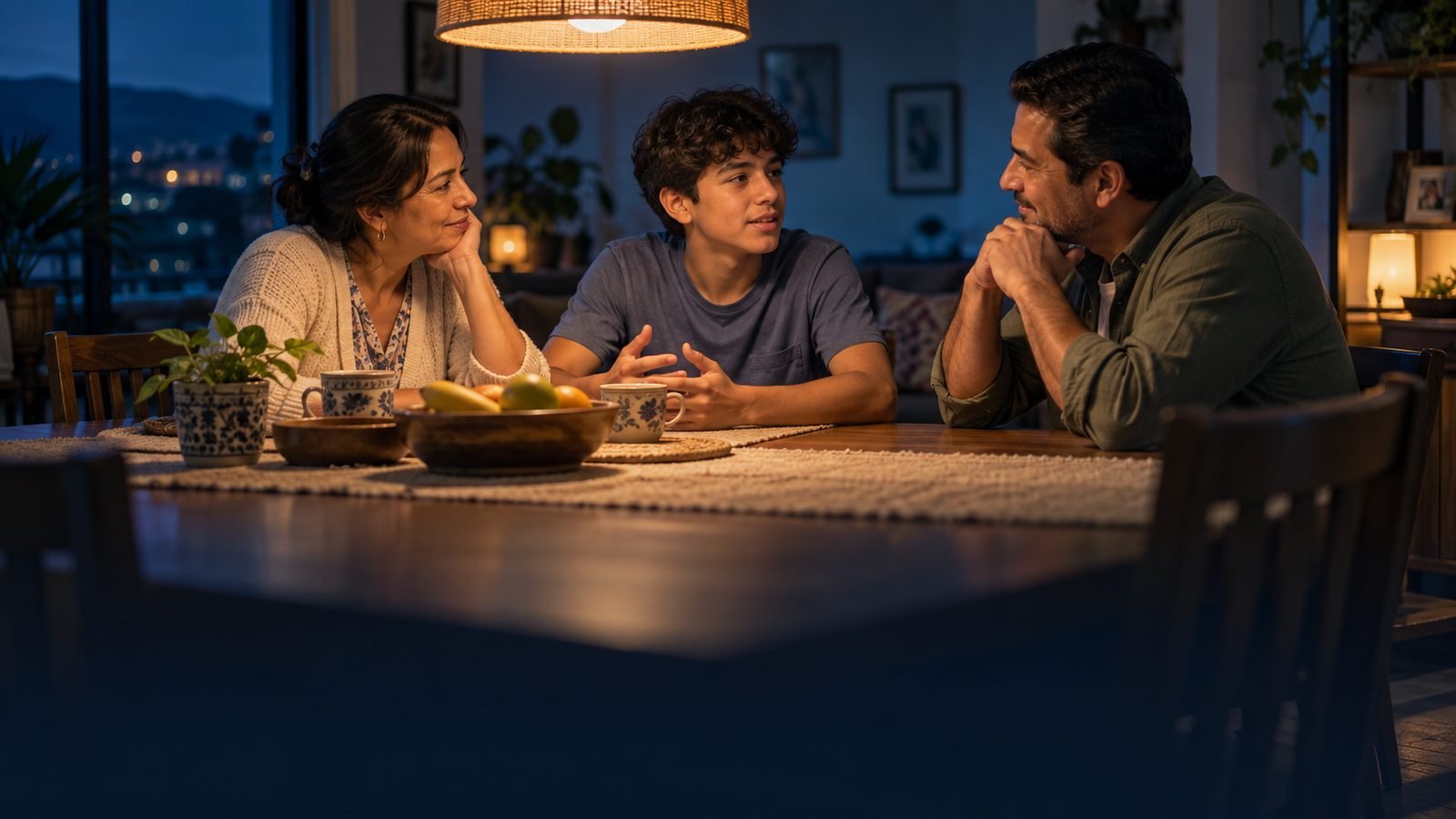 Un padre y una madre conversan con su hijo adolescente en la mesa del comedor