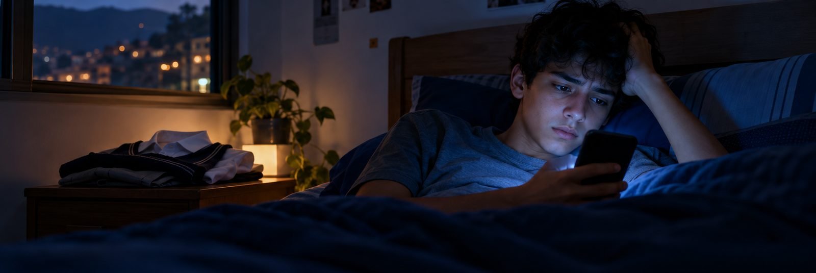 Un adolescente de noche en su cama, con el rostro iluminado por el celular